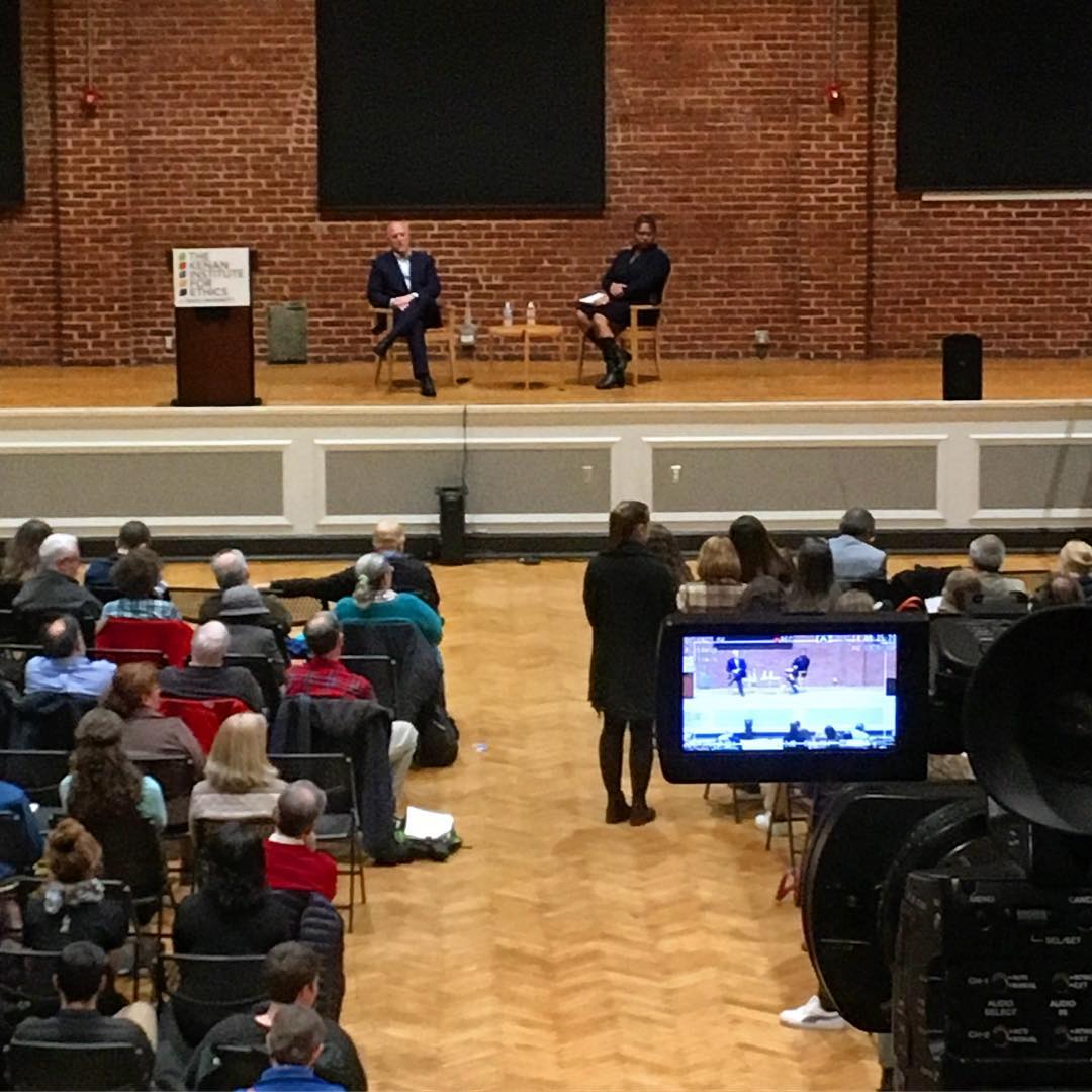 2018 Kenan Distinguished Lecturer Mayor Mitch Landrieu with @dukeuniversity Professor Adriane Lentz-Smith at the Durham Armory.